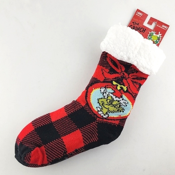 The Grinch Women's Reading Socks Red Black Knit Plaid Fleece Christmas Sz 5-10 - Picture 1 of 8